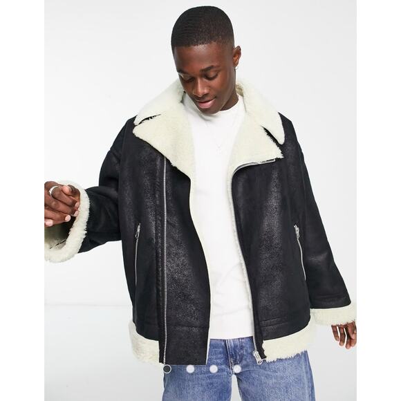Asos Designs Men's Black Faux Shearling Aviator Zip Up Coat Jacket 4XL - Picture 1 of 9